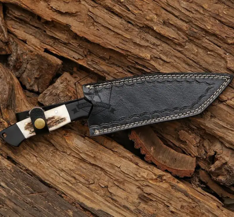 black coated knife leather sheath Handmade Stag Handle Knife | Custom Stag Handle Hunting Knife